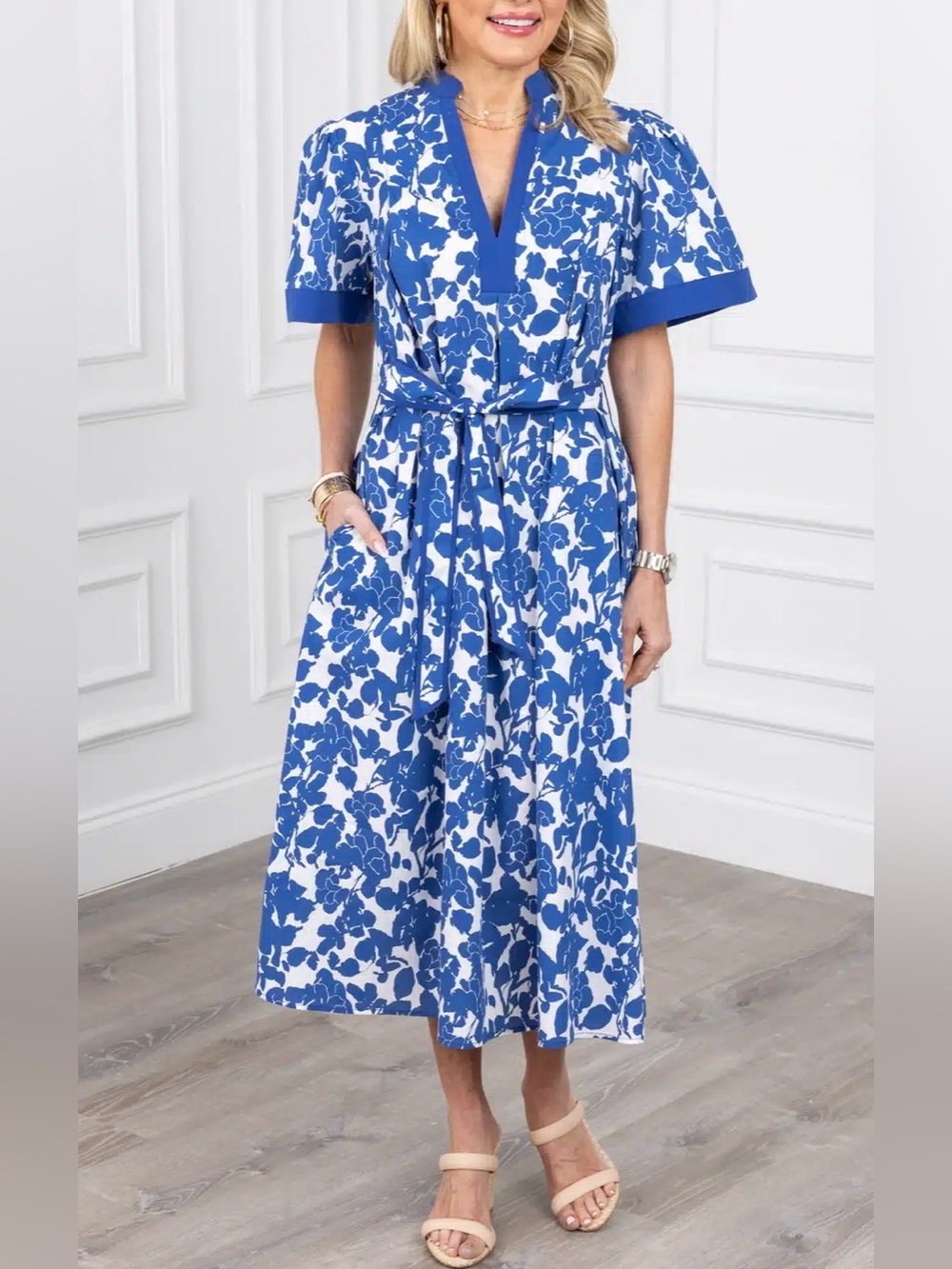 PINCH Botancial Cobolt Blue Floral Maxi Boho Puff Sleeves Cottagecore Tie waist